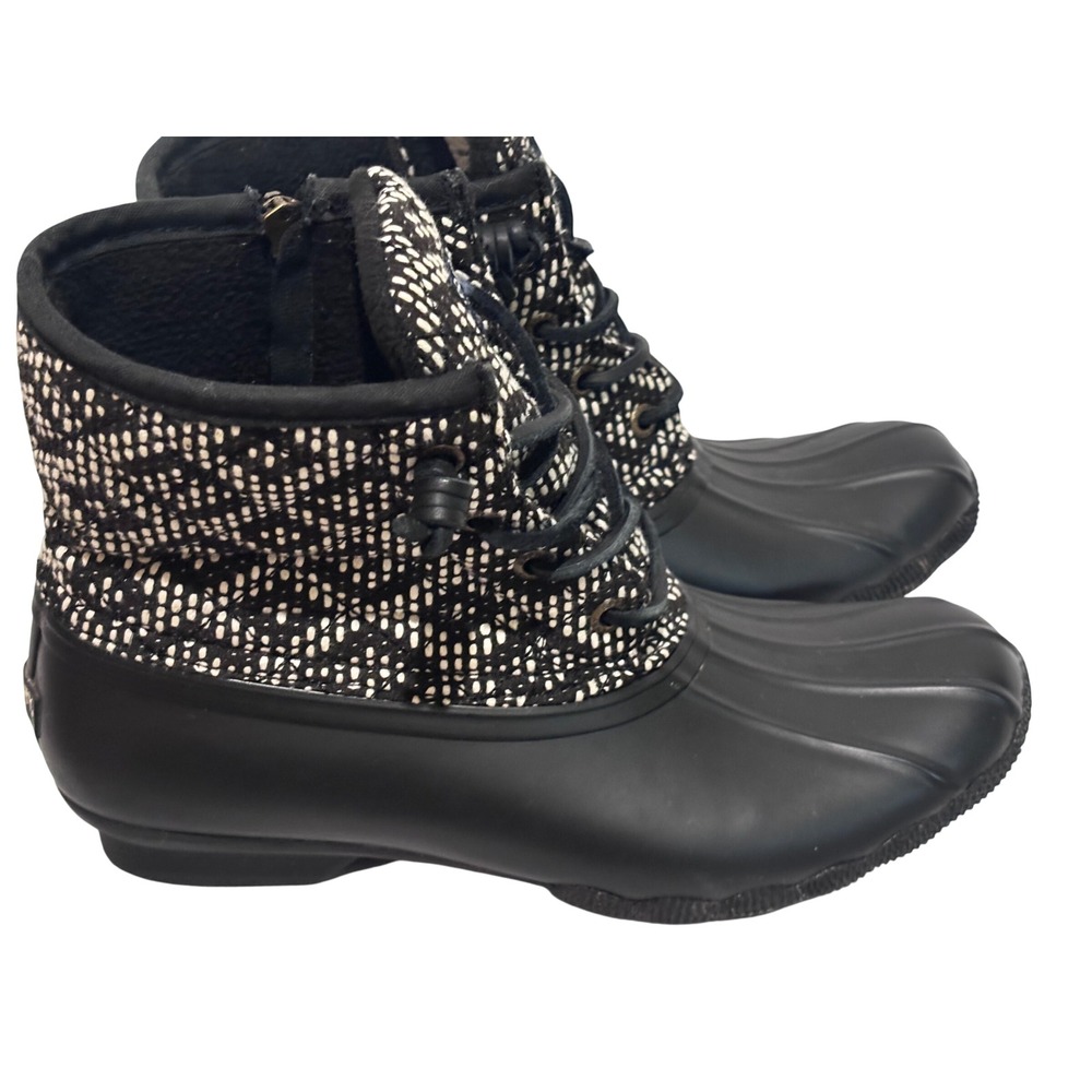 Sperry Saltwater Duck Boots Womens 6.5 Black cream Geometric Waterproof preppy